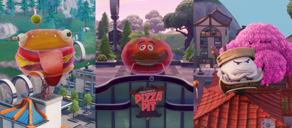 Localização da cabeça de Tomate gigante holográfica, da cabeça de Durrr Burger holográfica e da cabeça de Dumpling gigante no Fortnite