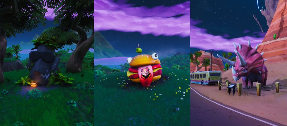 Localização da Cabeça de Durrr Burger com a marca do Atemporal, um Dinossauro e uma Cabeça de Pedra no Fortnite