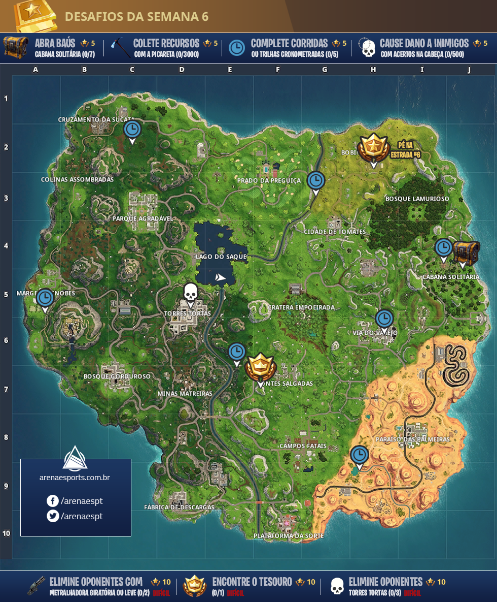 Mapa dos desafios da semana 6 da Temporada 5 de Fortnite