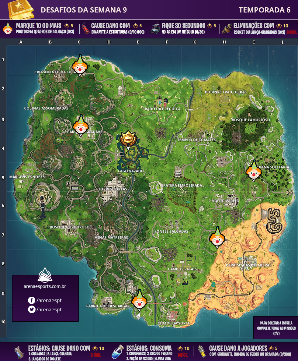 Mapa dos desafios da Semana 9 da Temporada 6 de Fortnite