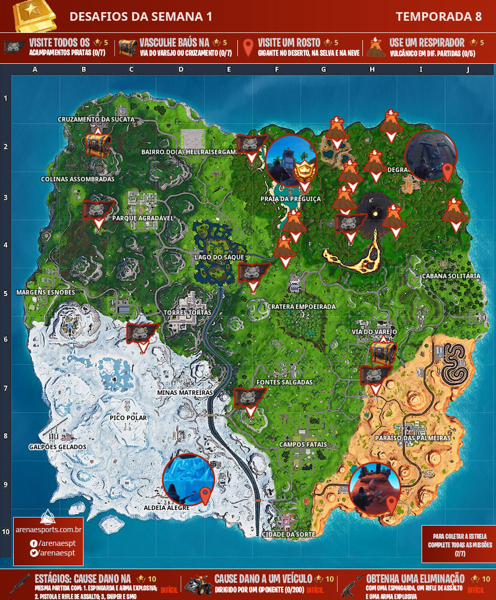 Mapa dos desafios da Semana 1 da Temporada 8 de Fortnite