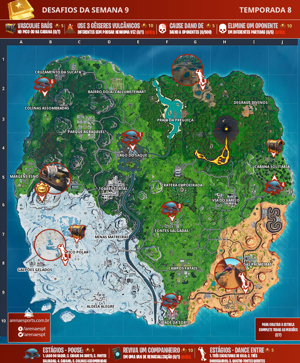 mapa dos desafios da semana 9 da temporada 8 de fortnite - missoes ultimato fortnite