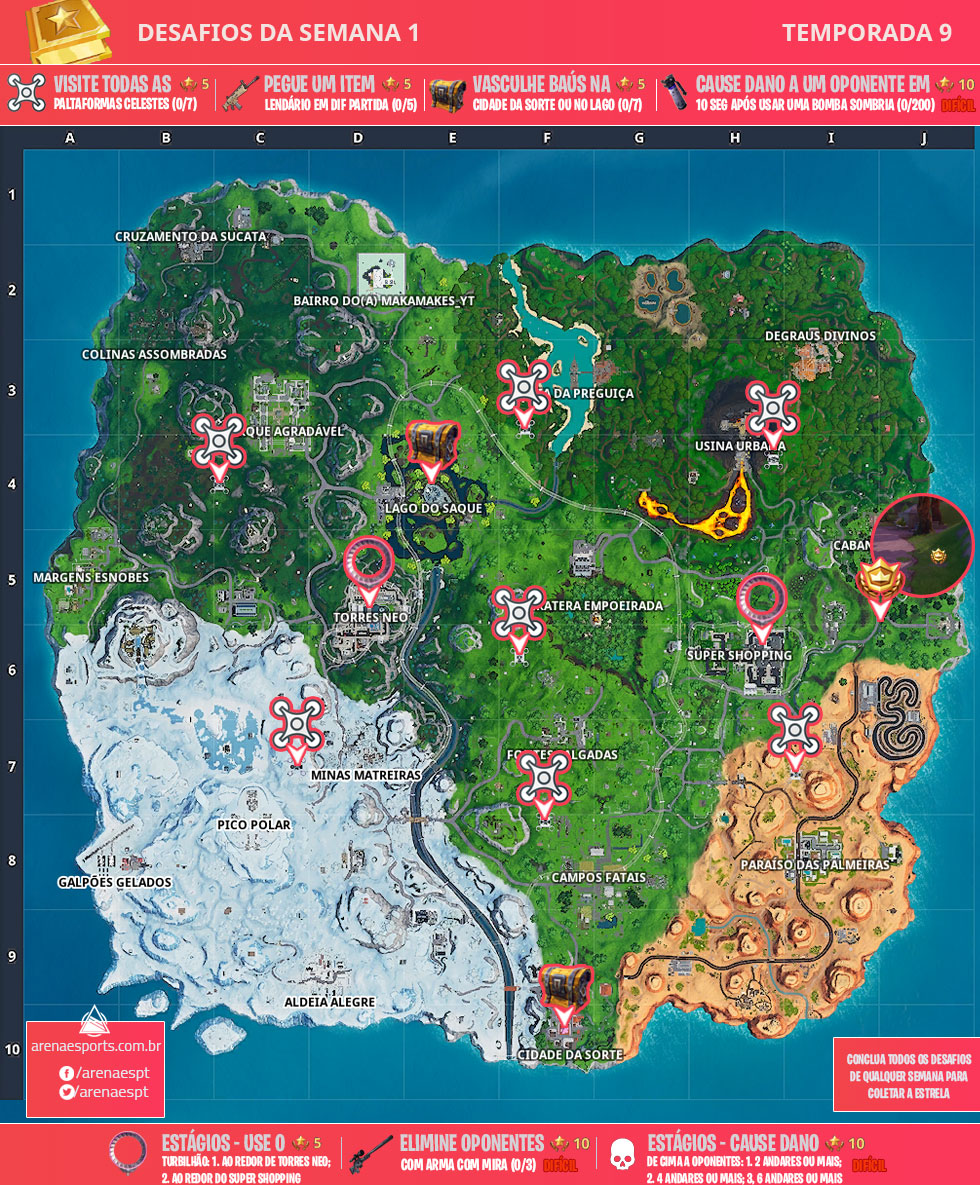 mapa dos desafios da semana 1 da temporada 9 de fortnite - mapa do fortnite temporada 1