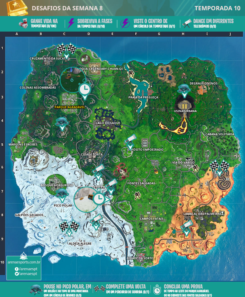 Mapa dos desafios da Semana 8 da Temporada 10 de Fortnite