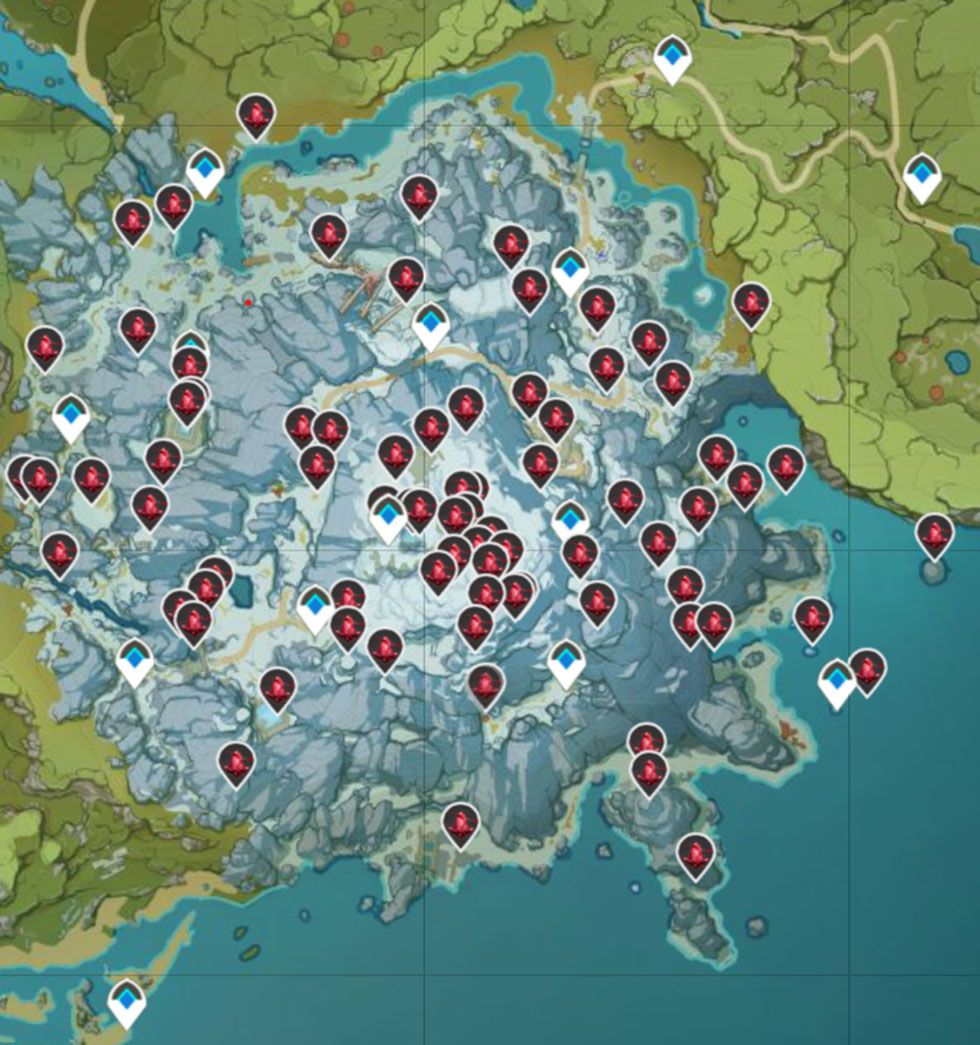 Mapa com a localização das Calcedônias Carmesim (Imagem: Reprodução/Genshin Impact Map App Sample)