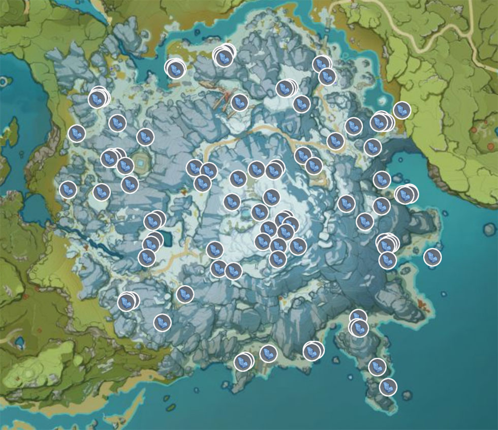 Após serem coletá-los, minérios volta a aparecer após alguns dias (Imagem: Genshin Impact Map App Sample/Reprodução)