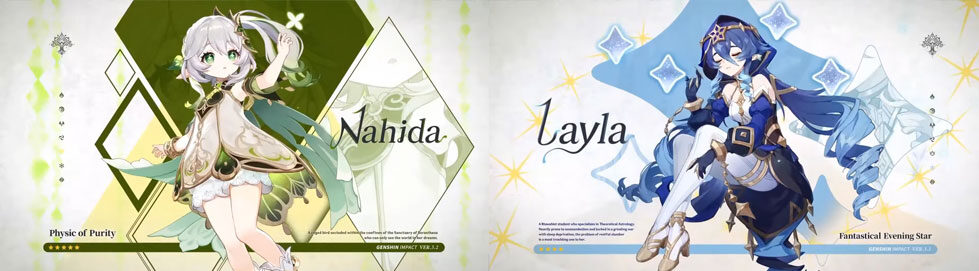 Nahida e Layla serão os novos personagens jogáveis (Imagem: HoYoverse/Montagem)